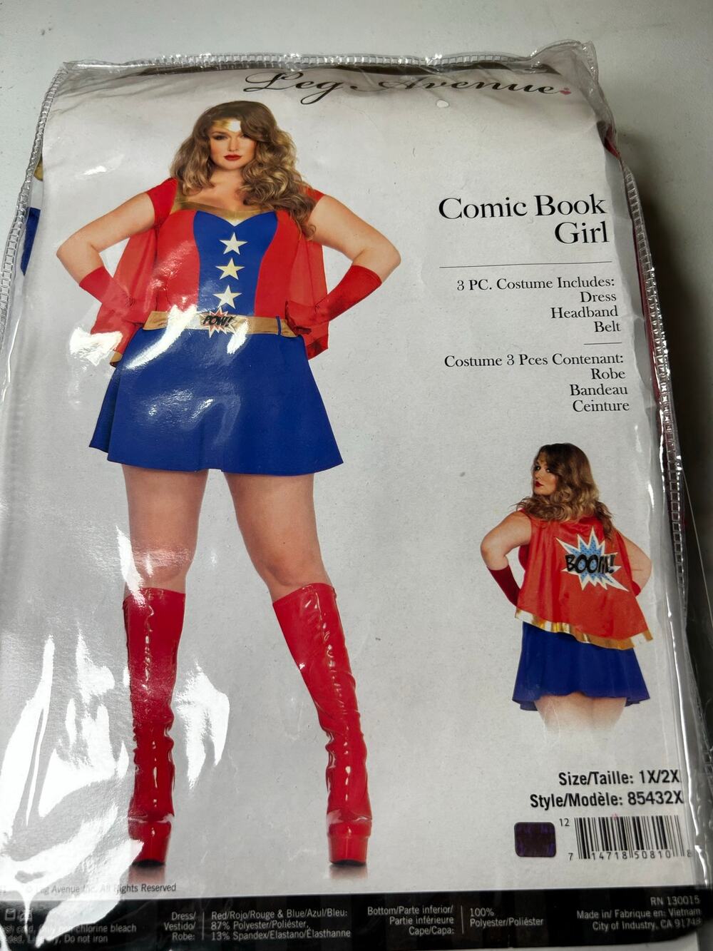 Leg Avenue Comic Book Girl Costume Plus Size 1X/2X Superhero 3 Piece Red Blue